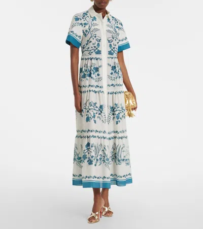 Erdem Womens Wild Fern Bot Dream Blue Botanical-print Tiered Cotton And Linen-blend Midi Shirt Dress In White