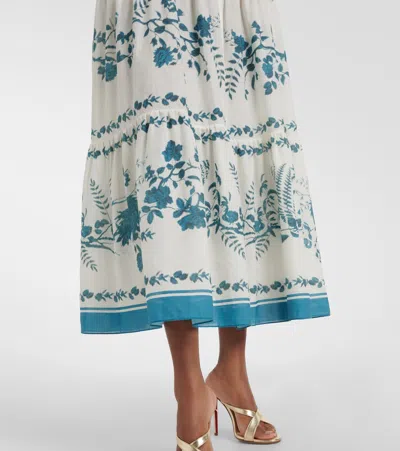 Erdem Womens Wild Fern Bot Dream Blue Botanical-print Tiered Cotton And Linen-blend Midi Shirt Dress In White