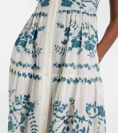 Erdem Womens Wild Fern Bot Dream Blue Botanical-print Tiered Cotton And Linen-blend Midi Shirt Dress In White
