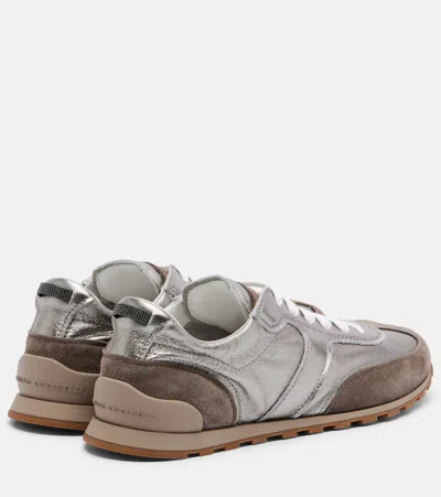Brunello Cucinelli Monili Pull-tab Crinkle-effect Leather Low-top Sneakers In Gray