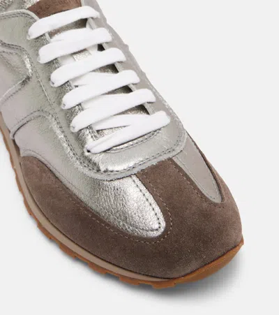 Brunello Cucinelli Monili Pull-tab Crinkle-effect Leather Low-top Sneakers In Gray