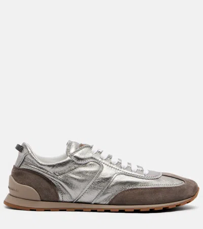 Brunello Cucinelli Monili Pull-tab Crinkle-effect Leather Low-top Sneakers In Gray