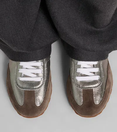 Brunello Cucinelli Monili Pull-tab Crinkle-effect Leather Low-top Sneakers In Gray