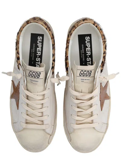 Golden Goose Super-star Sneakers In Suede With Worn Effect And Leopard Print Hairy Cow In White