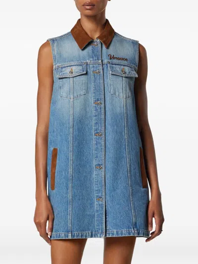 Versace Women Blue Sleeveless Buttoned Mini Dress, M Luxury Dresses For Women Darveys