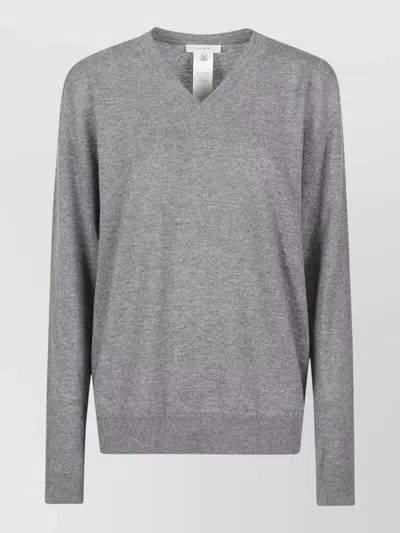 The Row Nian Long Sleeve Top Ribbed V Neckline In Gray