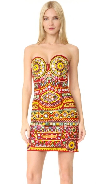 Shop Moschino Strapless Dress In Fantasy Print Red