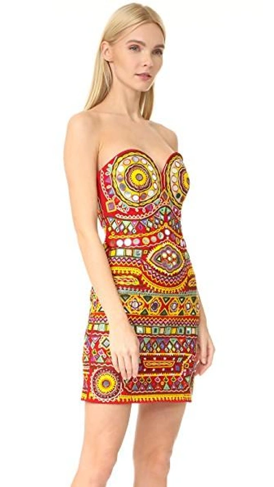 Shop Moschino Strapless Dress In Fantasy Print Red