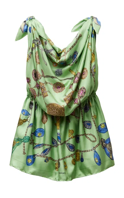 Versace Knotted Draped Printed Silk-twill Mini Dress In Multi