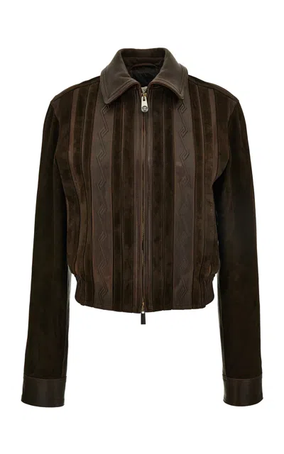 Versace Greca-embossed Leather And Suede Jacket In Brown