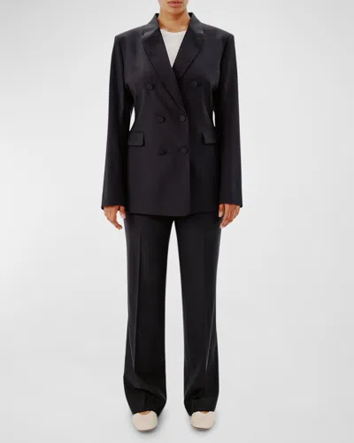 Another Tomorrow Wool Double-breasted Blazer Jacket In Black