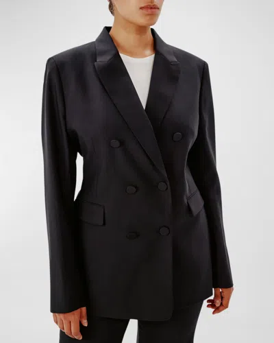 Another Tomorrow Wool Double-breasted Blazer Jacket In Black