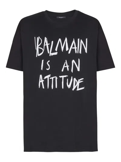 Balmain Crew Neck T Shirt Graphic Print Silk In Black