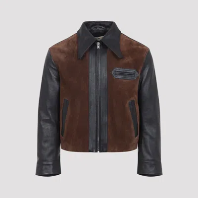 Marni Black Leather Jacket With Split-leather Front Panel In Black