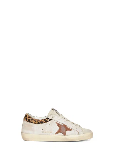 Golden Goose Super-star Sneakers In Suede With Worn Effect And Leopard Print Hairy Cow In White