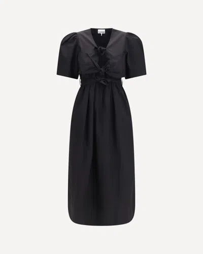 Ganni Belted Bow-embellished Stretch-cotton Poplin Midi Dress In Black