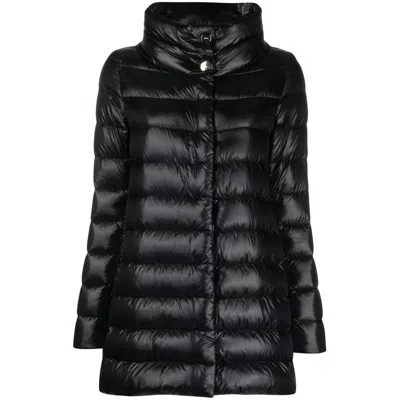 Herno Navy Long Puffer Jacket With High Collar In Black
