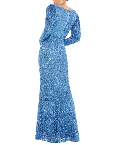 Mac Duggal Sequin V-neck Puff Long Sleeve A-line Gown In Blue