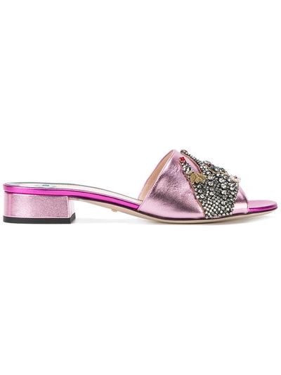 Gucci Crystal-embellished Metallic Leather Sandals In Pink&purple