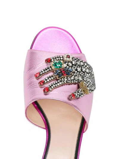 Shop Gucci Crystal Hand Applique Sandals - Pink & Purple