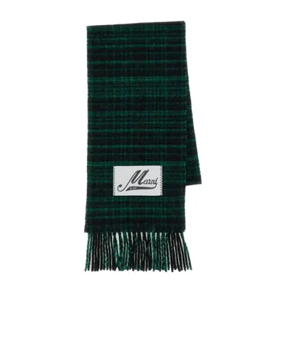 Marni Check-pattern Virgin Wool And Alpaca-blend Scarf With Logo Patch In Green