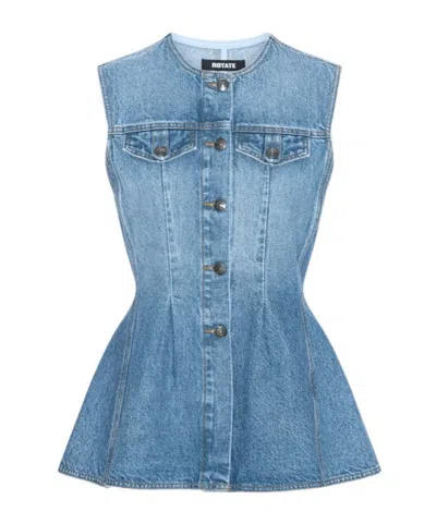 Rotate Birger Christensen Denim Flared Silhouette Button-front Cotton Tank Top In Blue