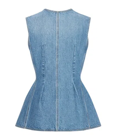 Rotate Birger Christensen Denim Flared Silhouette Button-front Cotton Tank Top In Blue