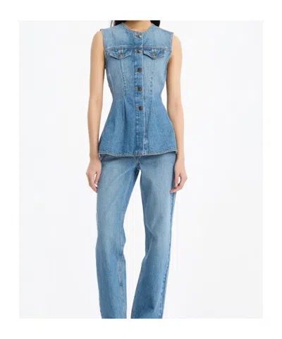 Rotate Birger Christensen Denim Flared Silhouette Button-front Cotton Tank Top In Blue