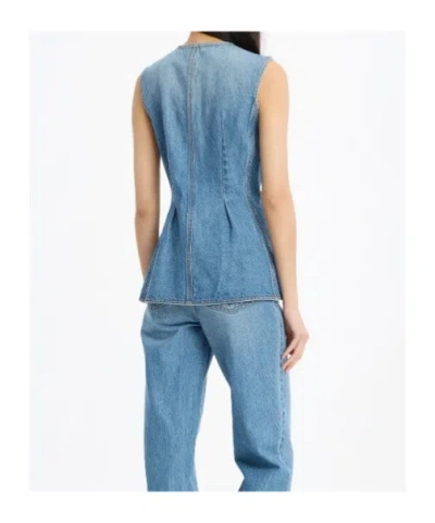Rotate Birger Christensen Denim Flared Silhouette Button-front Cotton Tank Top In Blue