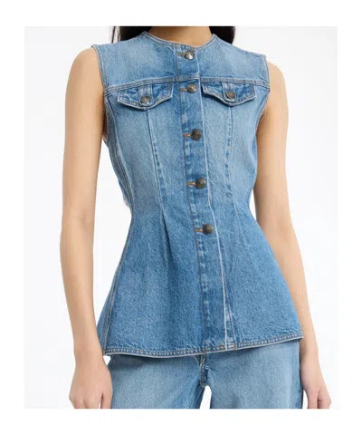 Rotate Birger Christensen Denim Flared Silhouette Button-front Cotton Tank Top In Blue