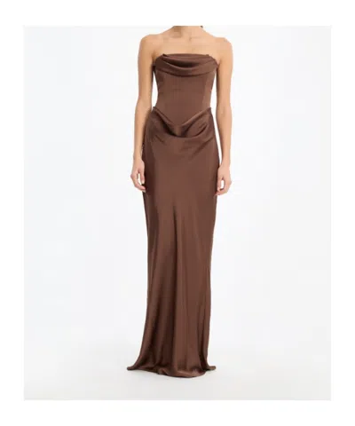 Rotate Birger Christensen Abito Lungo Corsage Chicory Coffee In Brown
