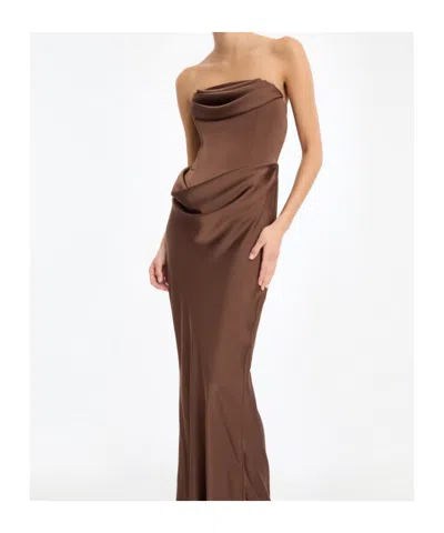 Rotate Birger Christensen Abito Lungo Corsage Chicory Coffee In Brown
