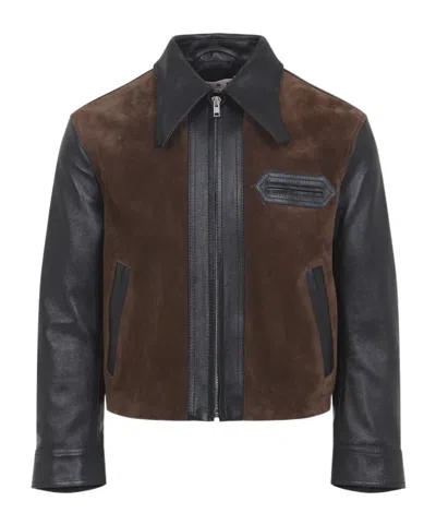 Marni Black Leather Jacket With Split-leather Front Panel In Black