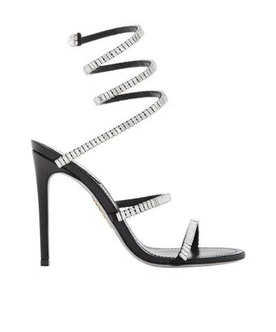 René Caovilla 105mm Cleo Leather Baguette Crystal Sandals In Black