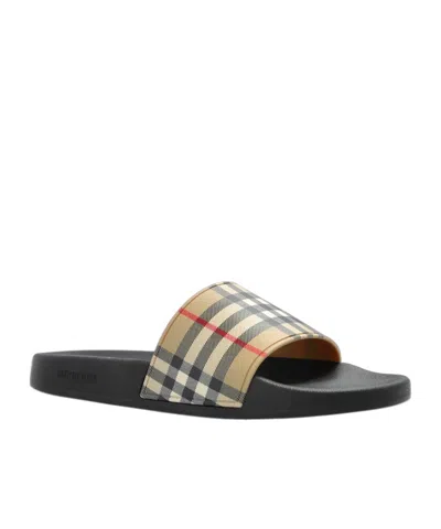 Burberry Brown Slides Sandals With Vintage Check Motif In Polyurethane In Multi