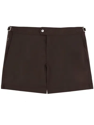 Tom Ford Polyester Flat Front Single Button Swim Shorts In Dark Brown