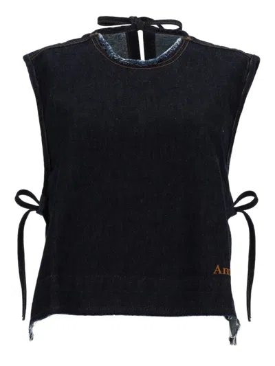 Amish Denim Solid Round Neck Top In Black