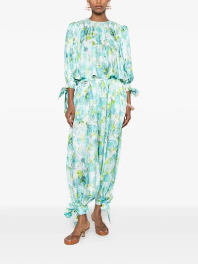 Chloé Floral-print Silk-jacquard Cropped Pants In Blue