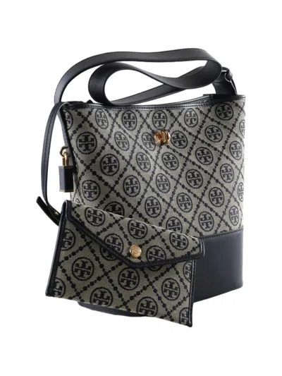 Tory Burch Lock T Monogram Slim Medium Bucket Bag Tory Navy In Blue