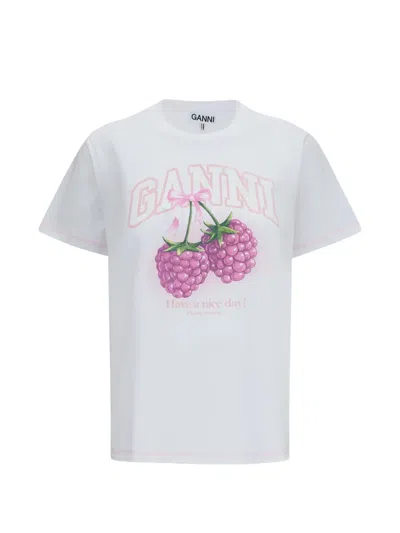 Ganni Raspberry Printed T-shirt In White