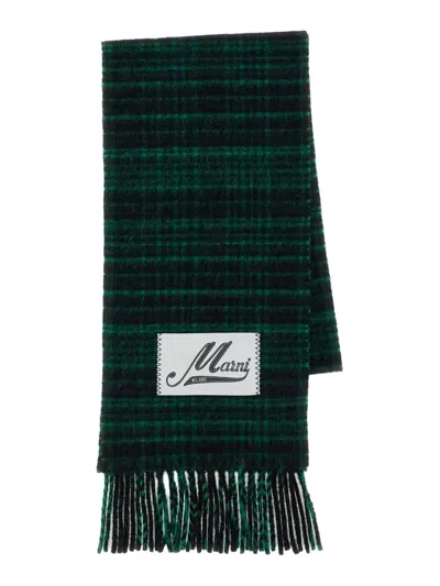 Marni Check-pattern Virgin Wool And Alpaca-blend Scarf With Logo Patch In Green