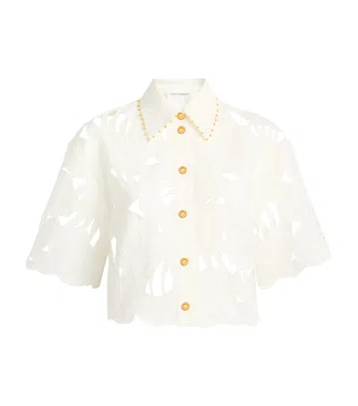 Zimmermann Womens Ivory Mahon Embroidered Cropped Cotton Shirt Xl In White