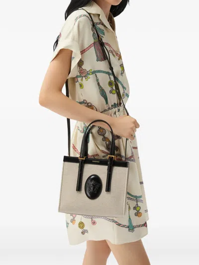 Versace Riviere Mini Canvas Tote In Black