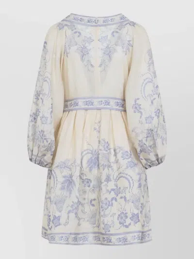 Zimmermann Womens Indra Plunge Linen Mini Dress Cream Lilac Floral In Neutral