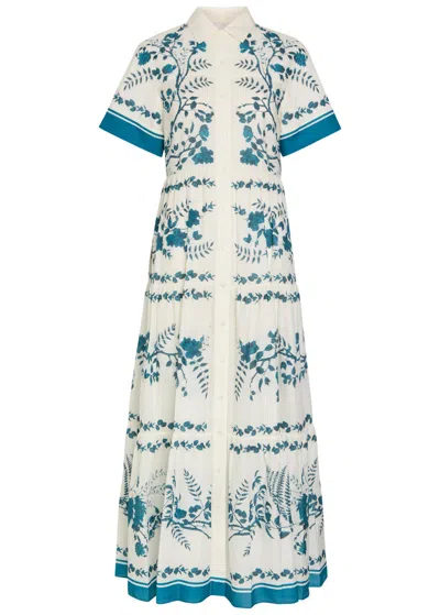 Erdem Womens Wild Fern Bot Dream Blue Botanical-print Tiered Cotton And Linen-blend Midi Shirt Dress In White