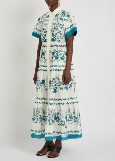 Erdem Womens Wild Fern Bot Dream Blue Botanical-print Tiered Cotton And Linen-blend Midi Shirt Dress In White