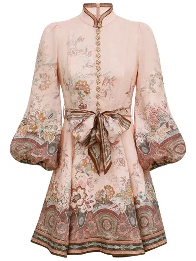 Zimmermann Womens Pink Paisley Alchemy Belted Floral-print Linen Mini Dress Xxs In Brown
