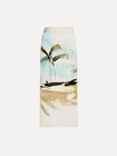 Oscar De La Renta Palm Tree Printed Satin Pencil Skirt In Neutral