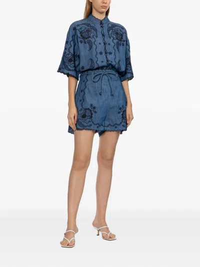 Zimmermann Aster Denim Shirt With All-over Contrasting Embroidery In Blue