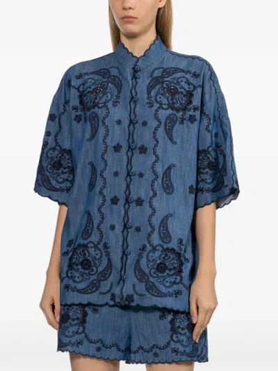 Zimmermann Aster Denim Shirt With All-over Contrasting Embroidery In Blue